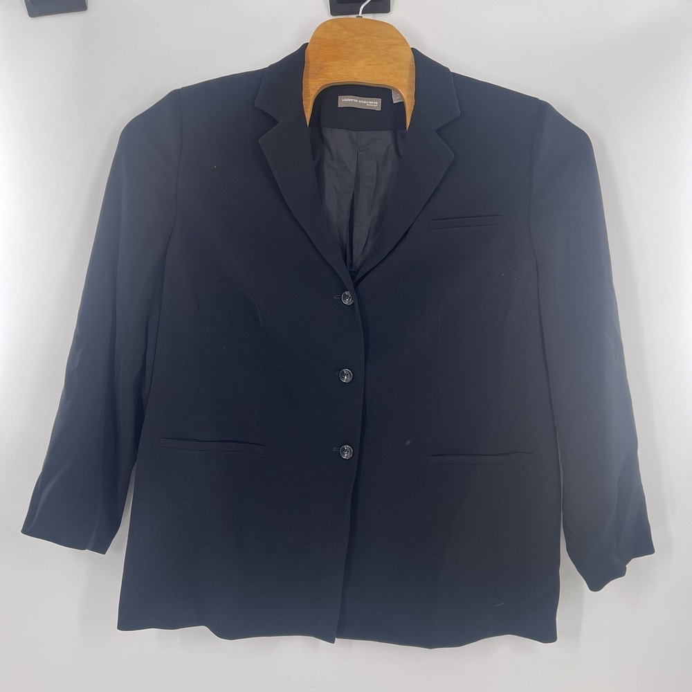 Valerie Stevens Jacket Womens 4 Black Wool Button Front Lined Blazer Sz 16